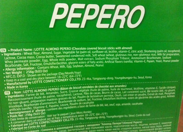 Kandungan bahan coklat Pepero